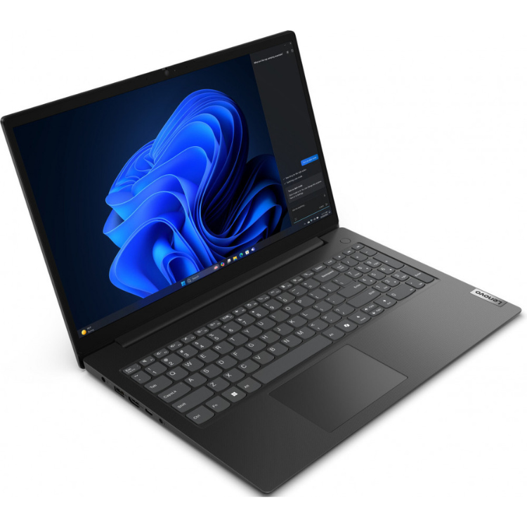 Lenovo V15 G5 IRL laptop, black, 15.6" screen, Windows 11 Pro, on white background.