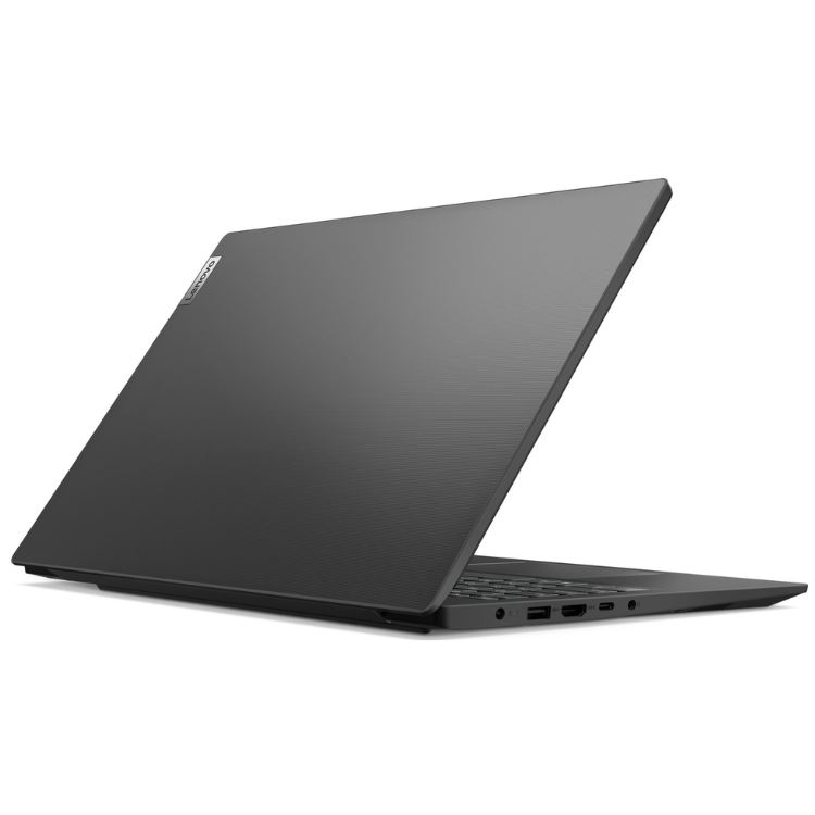 Lenovo V15 G5 IRL black laptop with keyboard and ports visible.