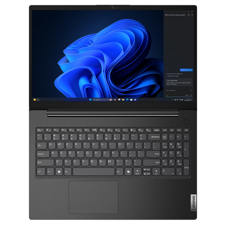 Lenovo V15 G5 IRL laptop, 15.6" screen, black, Windows 11 Pro, keyboard visible.