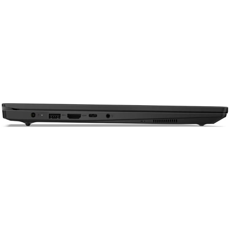 Black Lenovo laptop side view, various ports visible.