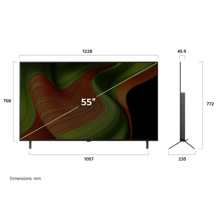 TV LG OLED55B56LA, 55 polegadas, 4K, preto, com dimensões de 1228x708mm e suporte.