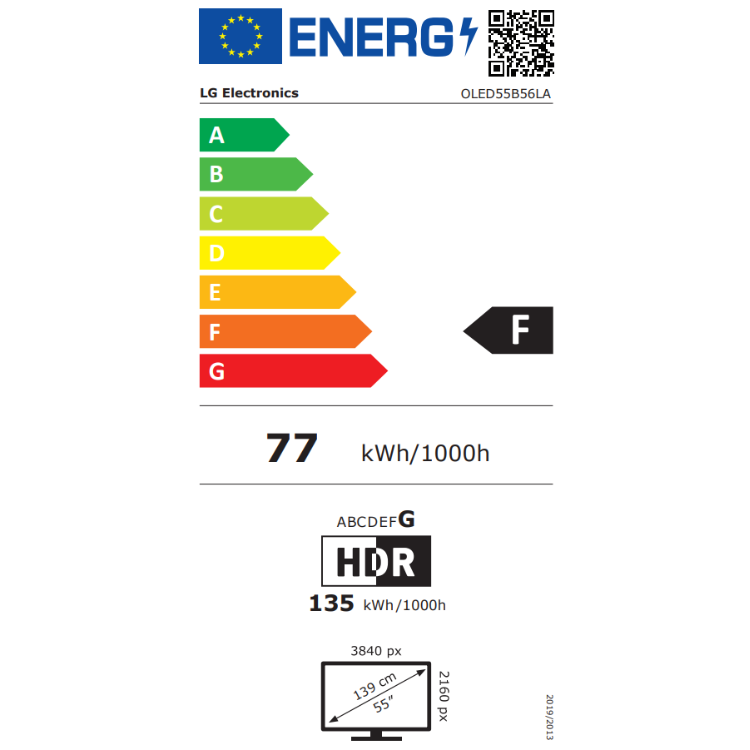 Etiqueta energética LG OLED55B56LA, eficiência F, 77 kWh/1000h, HDR.