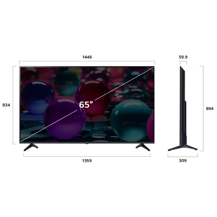 TV LG 65" 4K LED, Série UA73 2025, preto, com medidas de 1446x834mm e 59.9mm de espessura.