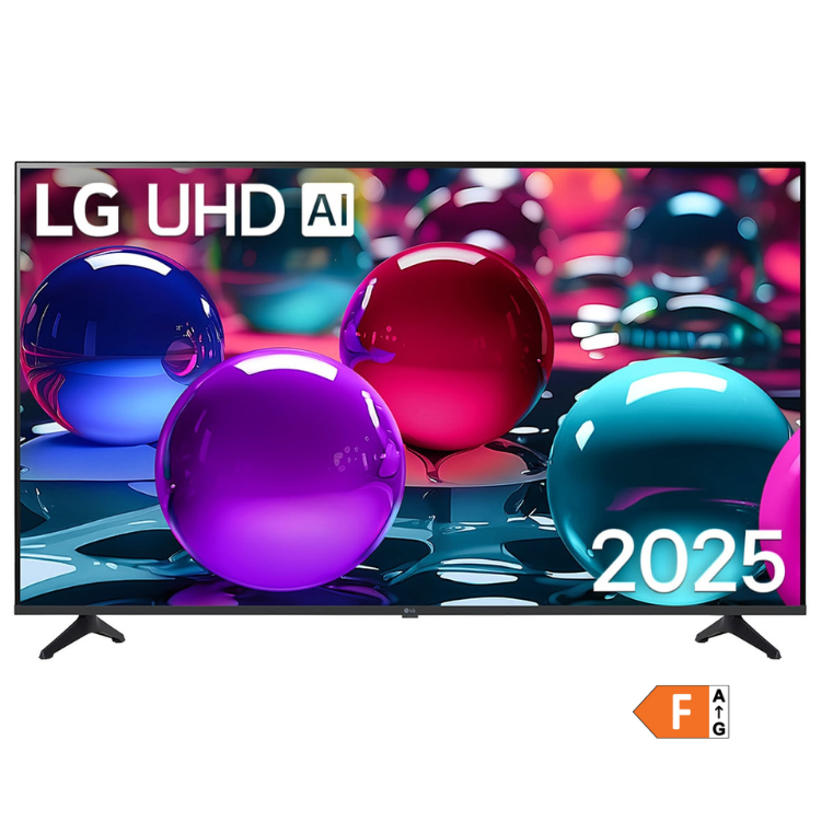 TV LG UHD AI 65" 2025, imagem de esfera colorida.