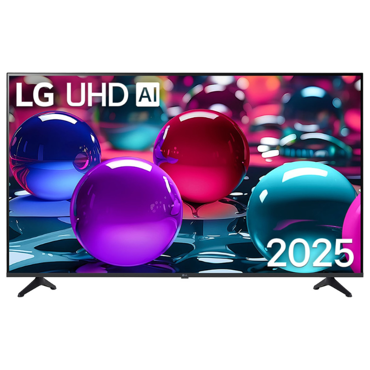 TV LG UHD AI 65" 2025 com bolas coloridas no ecrã.
