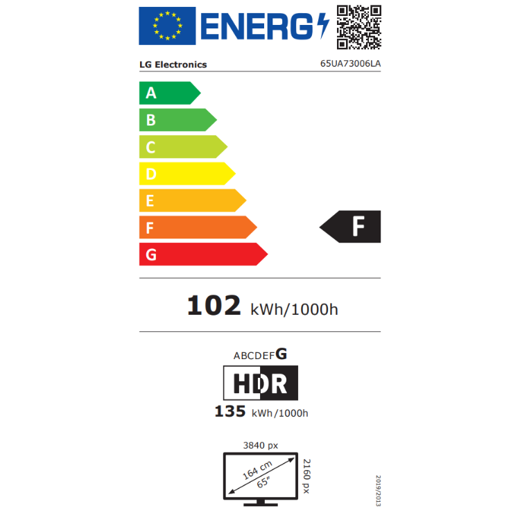 Etiqueta energética da televisão LG 65UA73006LA, eficiência F, 102 kWh/1000h.