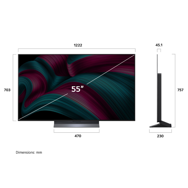 TV LG OLED 55" C5 Série 2025, preto, com dimensões de 1222x703x45.1mm e suporte.