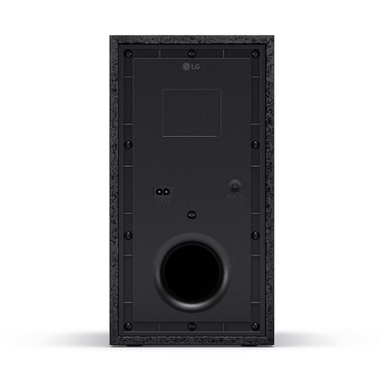 LG S70TY 3.1.1 soundbar subwoofer, black, rear view with LG logo, ports, and large circular speaker opening.