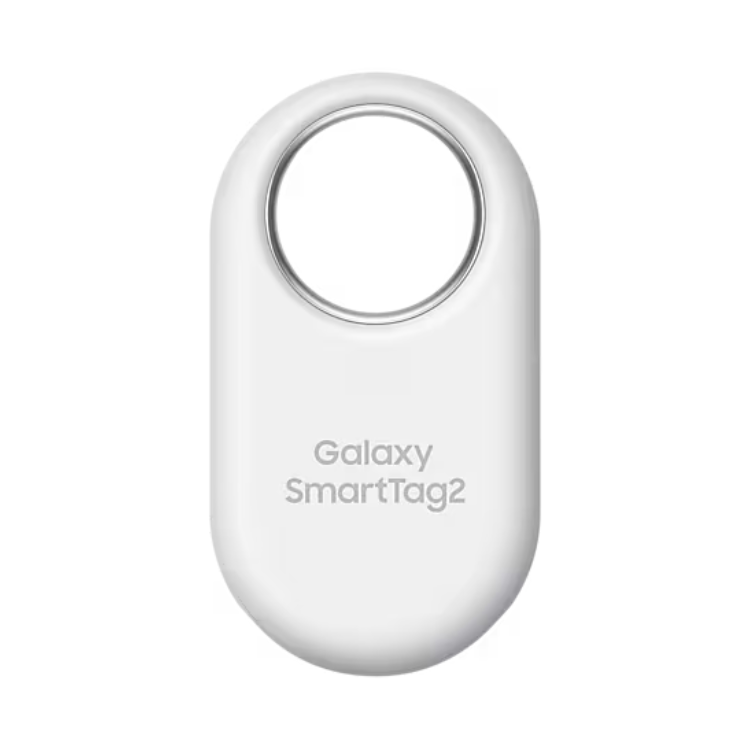 Localizador Samsung Galaxy SmartTag2 branco com anel de metal e texto impresso.