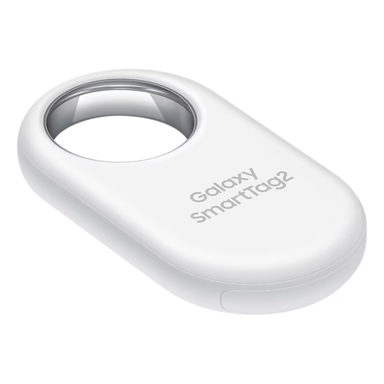 Localizador Samsung Galaxy SmartTag2 branco com anel de fixação e logotipo impresso.