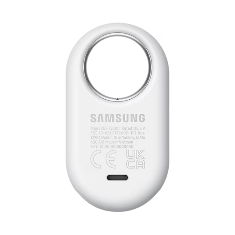 Localizador Samsung Galaxy SmartTag2 branco com círculo na parte superior e logótipo e informações técnicas na parte inferior.
