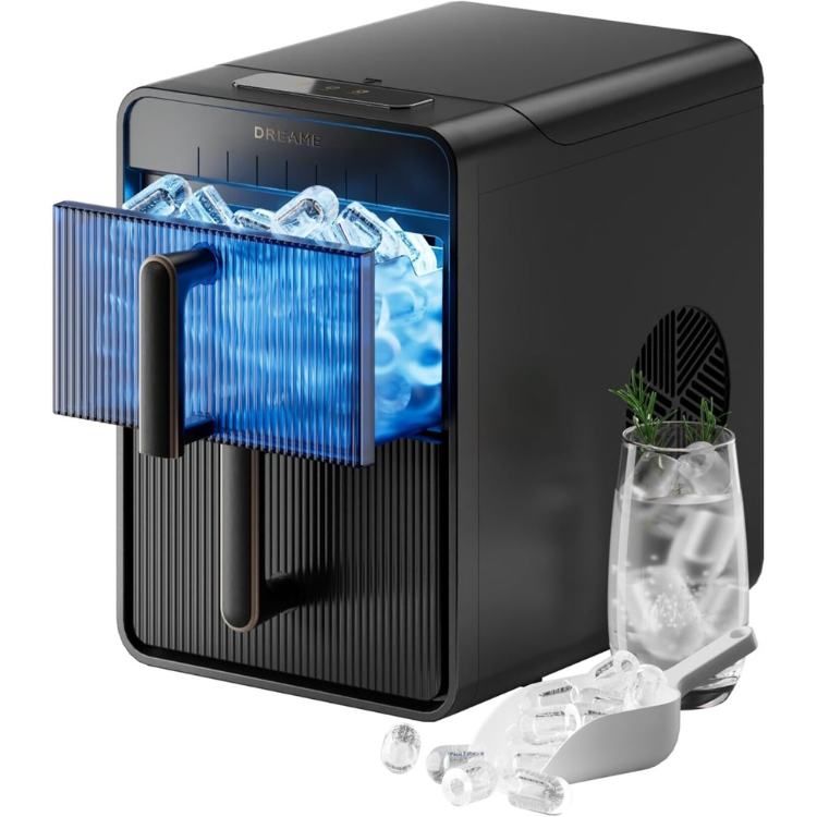 Black Dreame ice maker machine with blue ice tray and glass of ice water