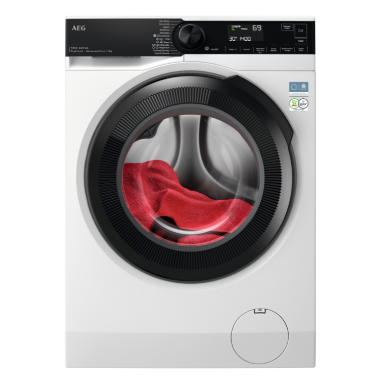 Máquina de lavar roupa AEG LFA6K8241C, 8Kg, 1200RPM, Classe A, branca, com porta aberta mostrando roupa vermelha no interior.