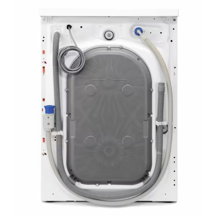 Máquina de lavar roupa AEG LFA6K8241C branca, vista traseira com componentes e tubos visíveis.