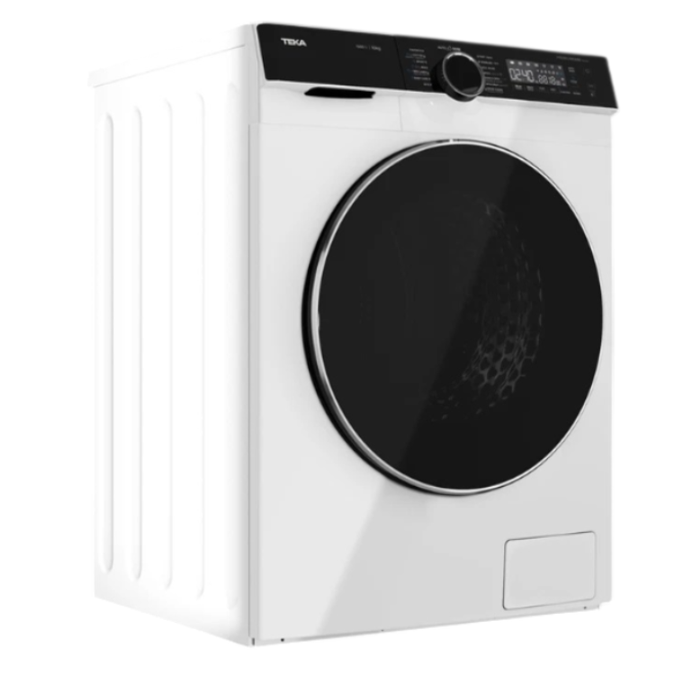 Teka WMK 81050 white washing machine, 10kg, 1500RPM, front loader, black control panel and door.
