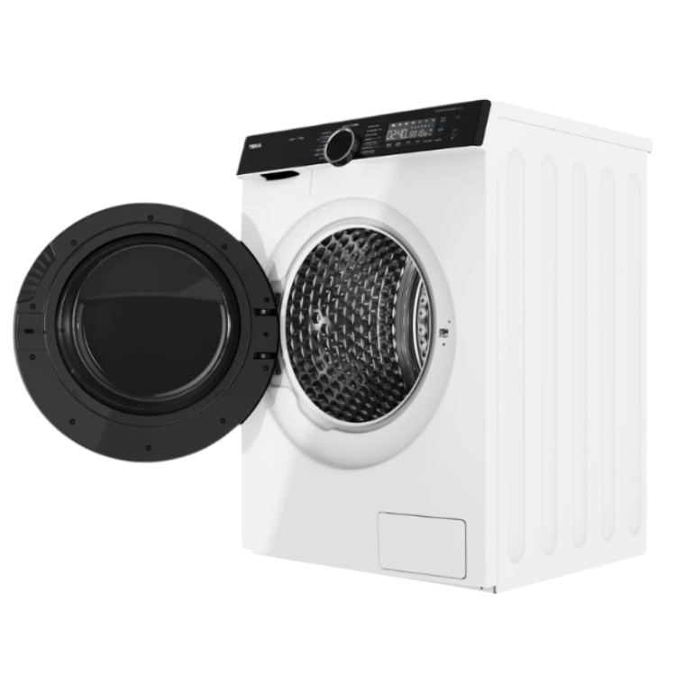 White Teka washing machine, front loader, open door, black control panel, 10kg capacity.
