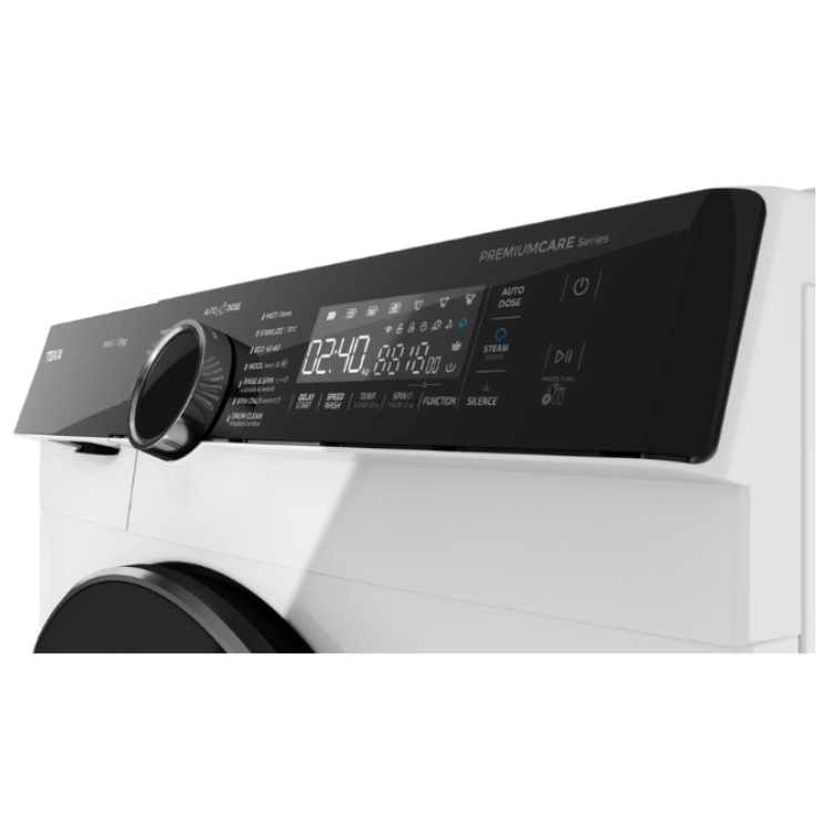 Teka WMK 81050 white washing machine control panel, black buttons and dial, digital display, PremiumCare Series.