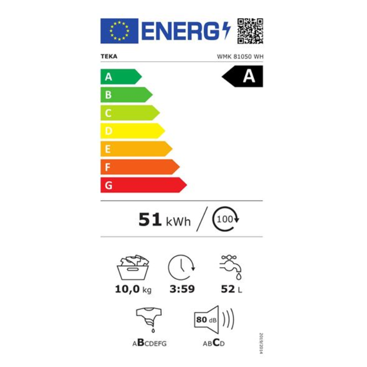 Teka WMK 81050 WH washing machine, 10kg, Class A, energy efficiency rating A, 51kWh/100 cycles.
