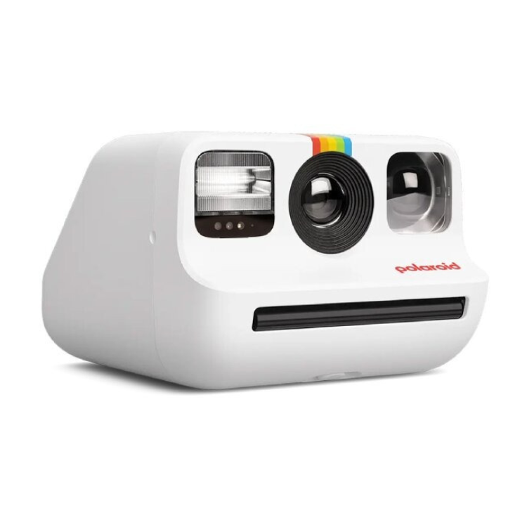White Polaroid instant camera with black lens and rainbow stripe.