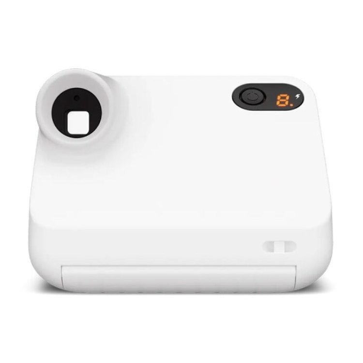 White Polaroid GO G2 instant camera, front view.