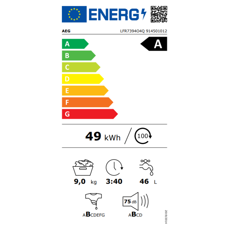 Máquina Lavar Roupa AEG LFR7394N4B 9Kg 1400RPM Classe A Branco