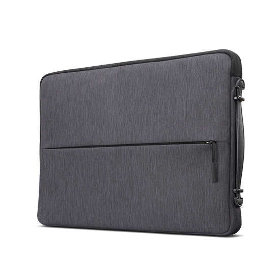 Estojo Lenovo Urban 14" cinzento para laptop com bolso frontal e fecho éclair lateral.