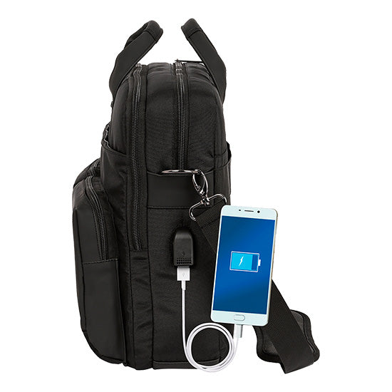 Mala para portátil Safta Business 15.6" USB preta com carregador e smartphone.