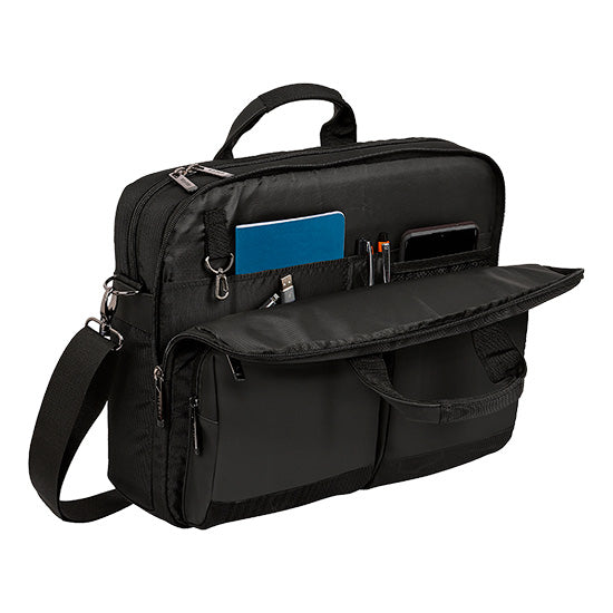 Mala para portátil Safta Business 15.6" USB preta com alça e correia, vários bolsos e compartimentos.