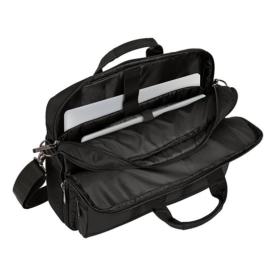 Mala para portátil Safta Business 15.6" USB preta, aberta mostrando o interior com espaço para laptop.