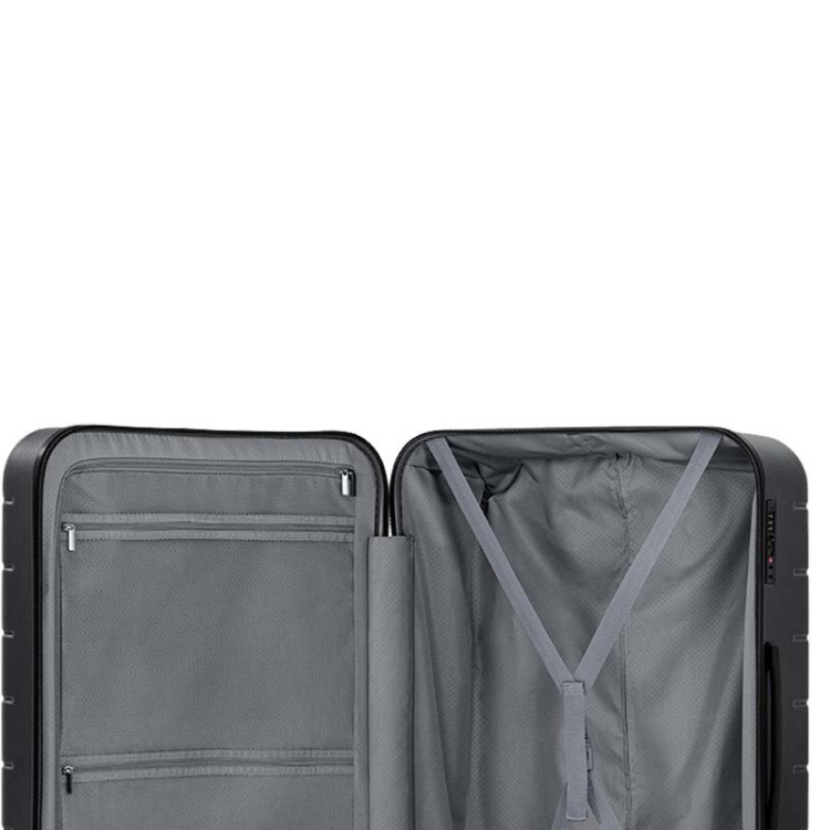 Mala de Viagem Xiaomi Luggage Classic Pro 24" cinzento, aberta mostrando o interior com bolsos e correias.
