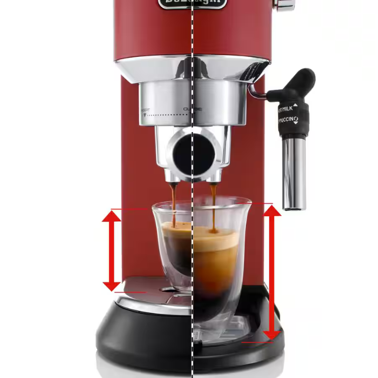 Red De'Longhi Dedica espresso machine with manual steam wand, dispensing coffee into two glasses.