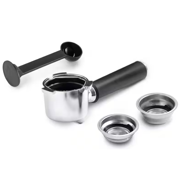 Delonghi Dedica Style manual espresso machine parts, black and silver.