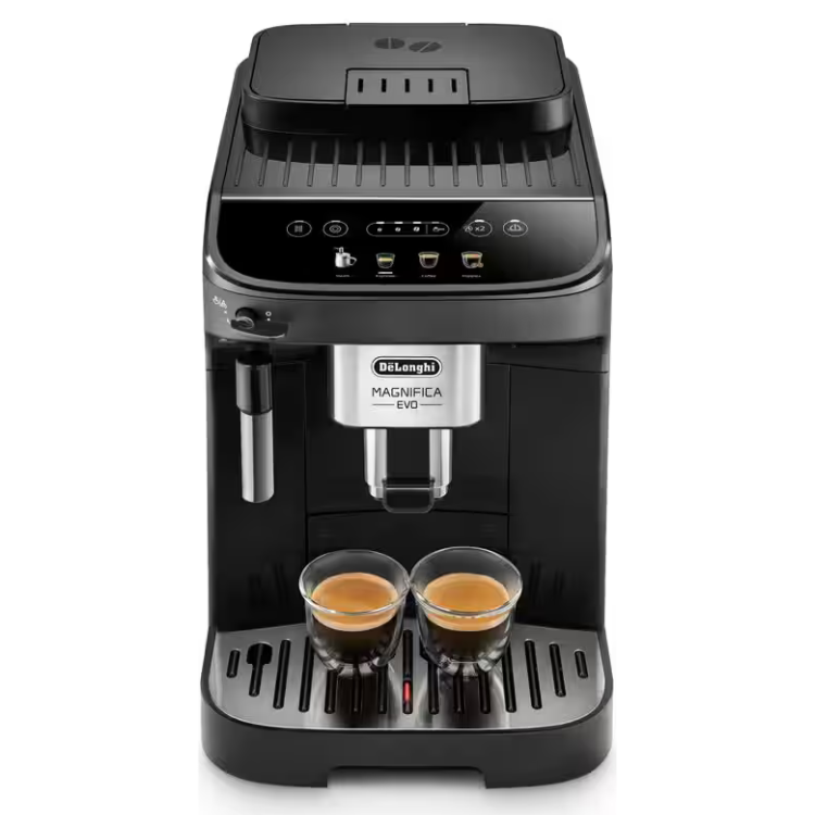 Black De'Longhi Magnifica Evo automatic coffee machine with two cups of espresso.
