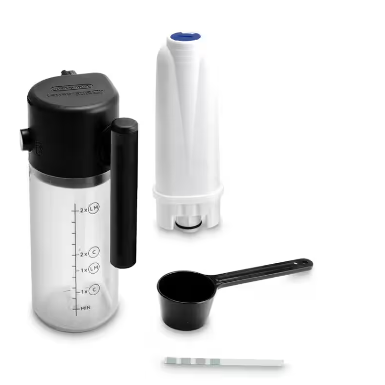 Delonghi Magnifica water filter and accessories, black and white.