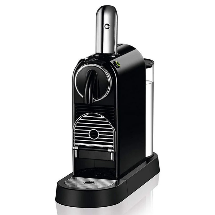 Máquina de café Delonghi Nespresso Citiz preta com design compacto e detalhes cromados.