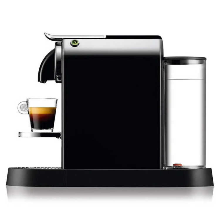 Máquina de café Delonghi Nespresso Citiz preta com suporte para chávena e depósito de cápsulas.