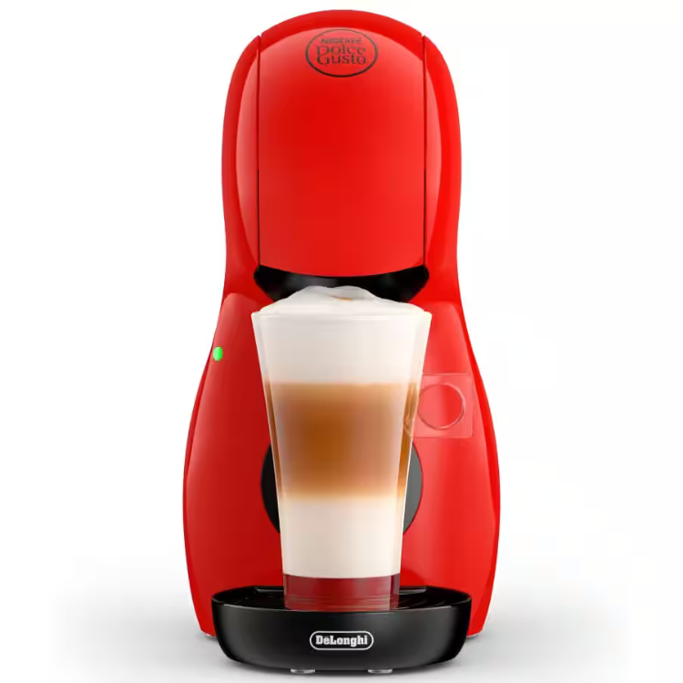 Red De'Longhi Dolce Gusto Piccolo XS coffee machine with layered coffee drink.