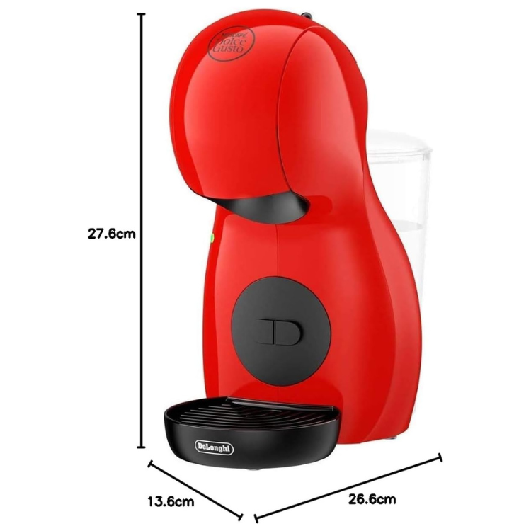 Red De'Longhi Dolce Gusto Piccolo XS coffee machine, 27.6cm tall, with black accents and clear water tank.