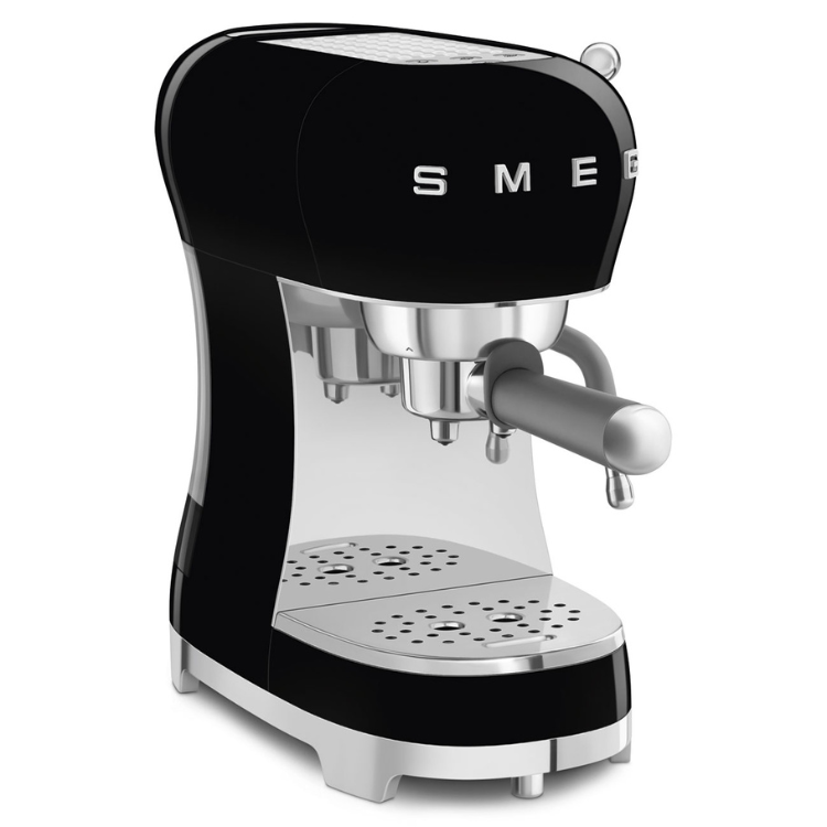 Black Smeg espresso machine, manual, 50's retro style, silver accents.