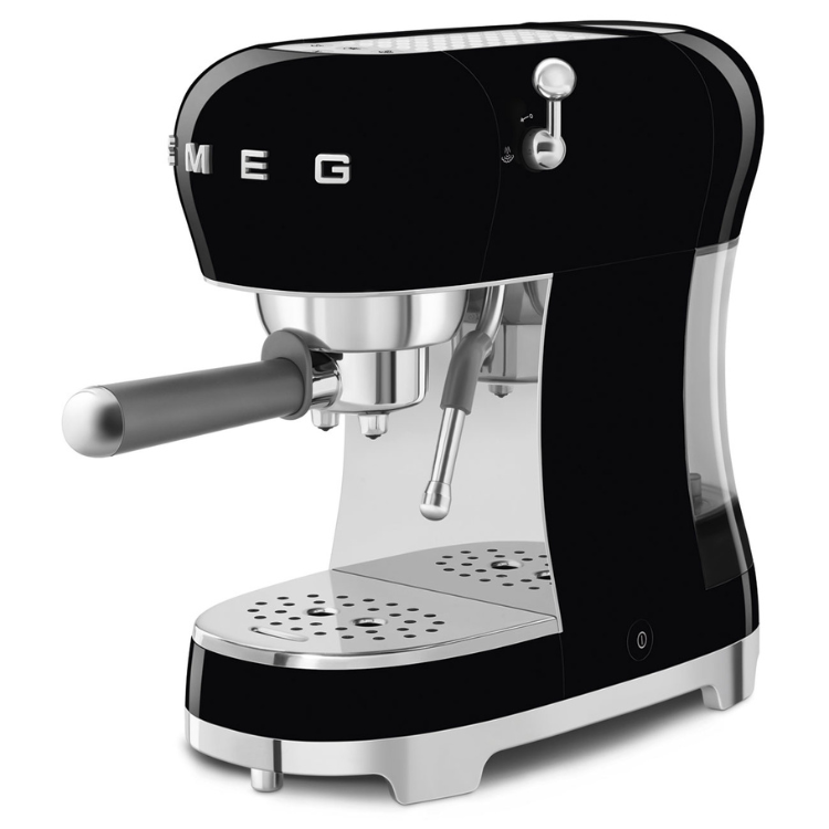Black Smeg espresso machine, manual, 50's retro style, silver accents.