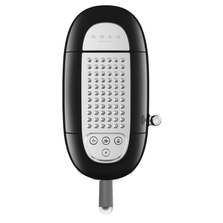 Black Smeg manual espresso machine, oval-shaped with silver accents and buttons.