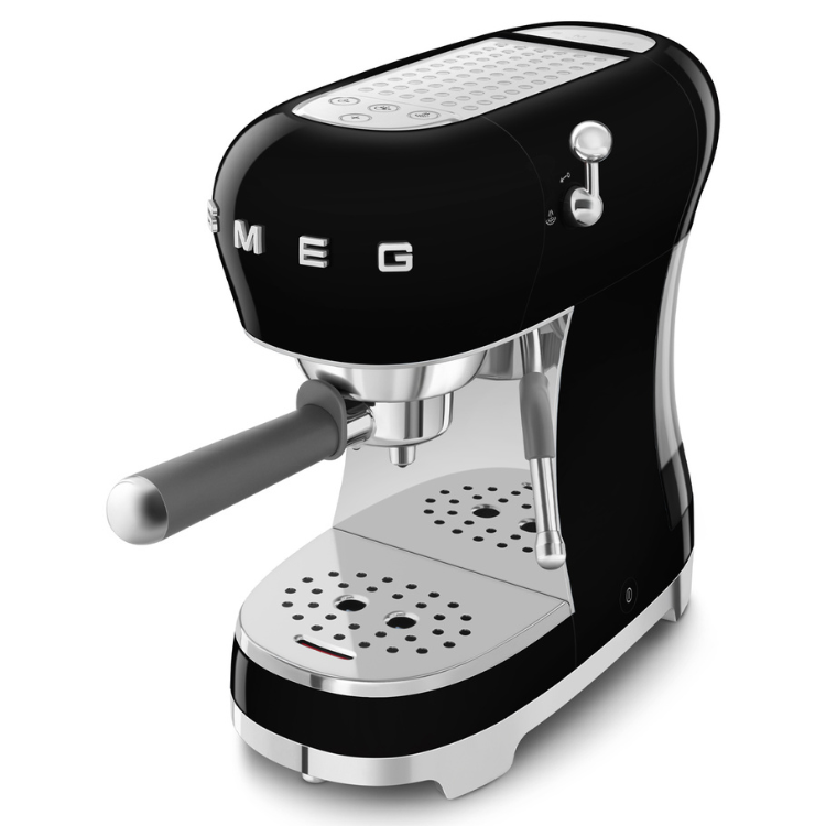 Black Smeg manual espresso machine with silver accents and handle.