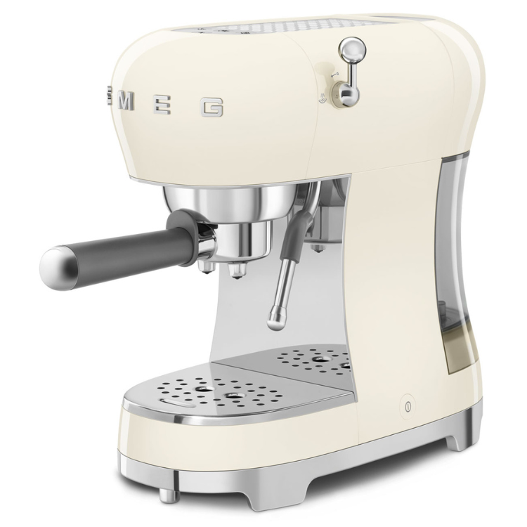 Smeg manual espresso machine, cream-colored with silver accents.