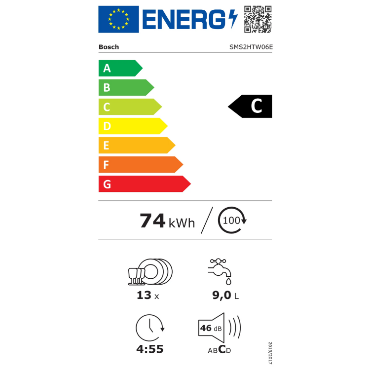 Bosch dishwasher energy label, C rated, 74 kWh/100 cycles, 13 place settings.