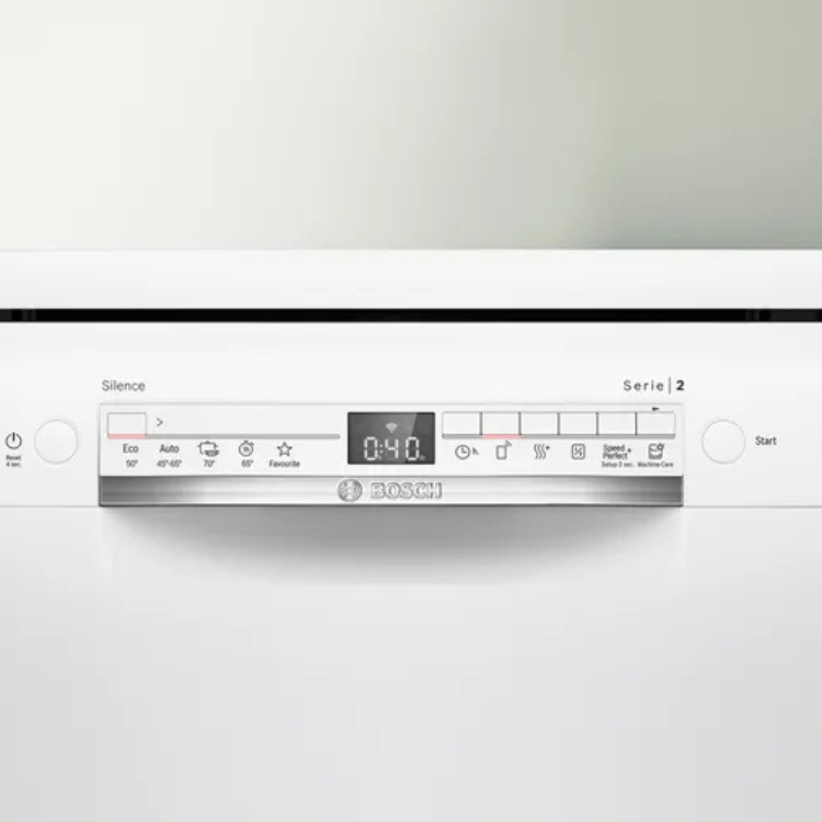 Bosch Serie 2 white dishwasher control panel with digital display and buttons.
