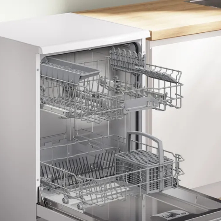 Bosch Serie 2 white dishwasher interior with open door, 13 place settings, metal racks.