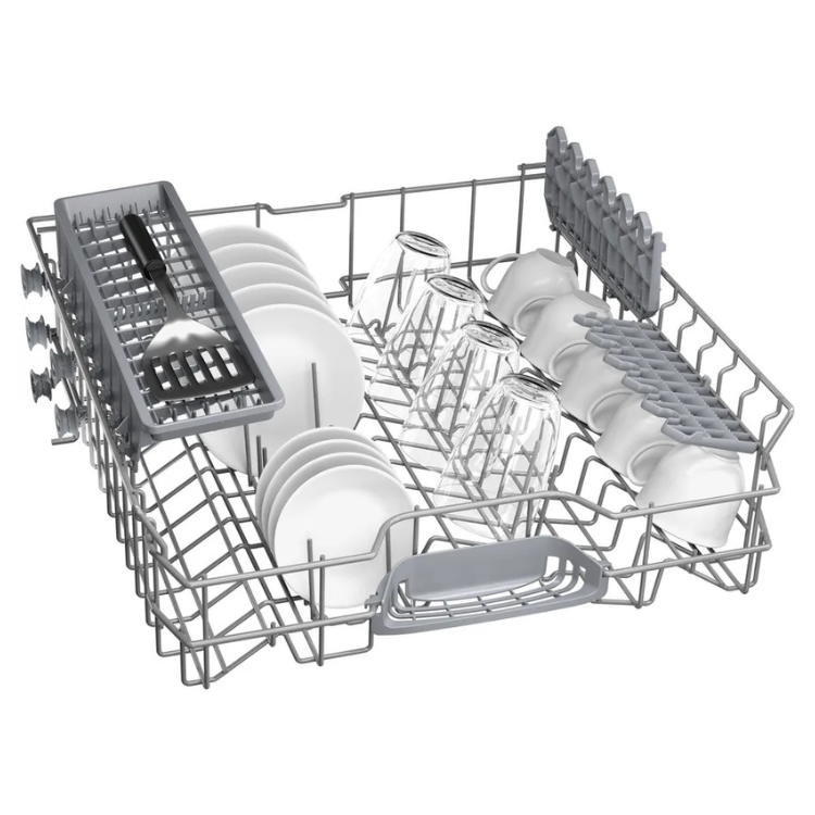 Bosch dishwasher rack with white plates, glasses and cups.
