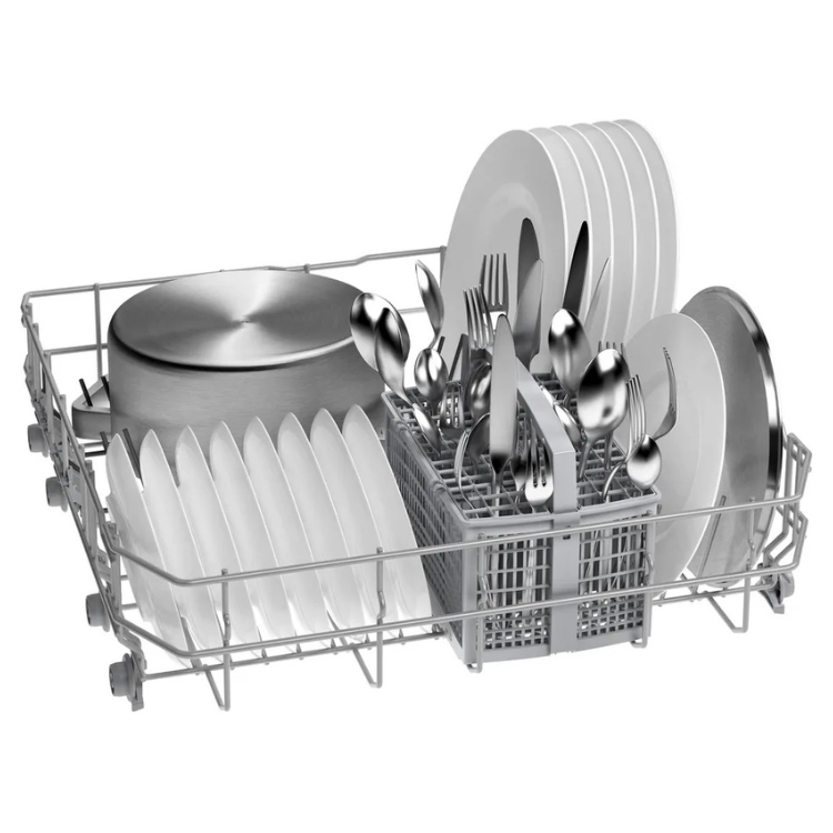 Bosch white freestanding dishwasher rack with dishes and utensils.