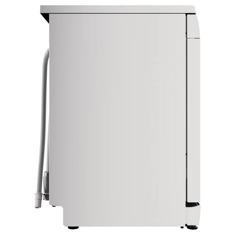 White Bosch dishwasher, 13 sets, free-standing, rear view.