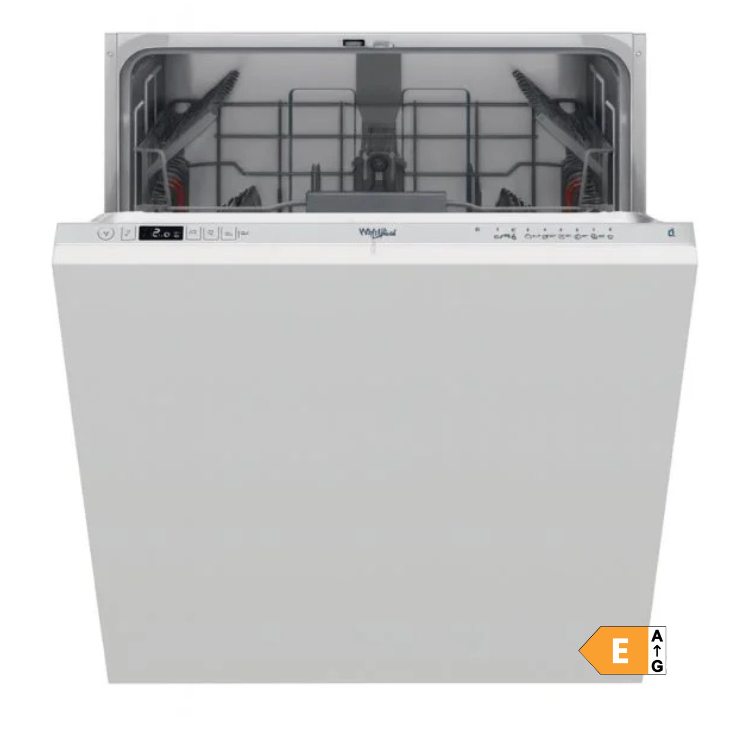 Whirlpool built-in dishwasher, 14 place settings, open door showing interior, gray color, energy efficiency class E.